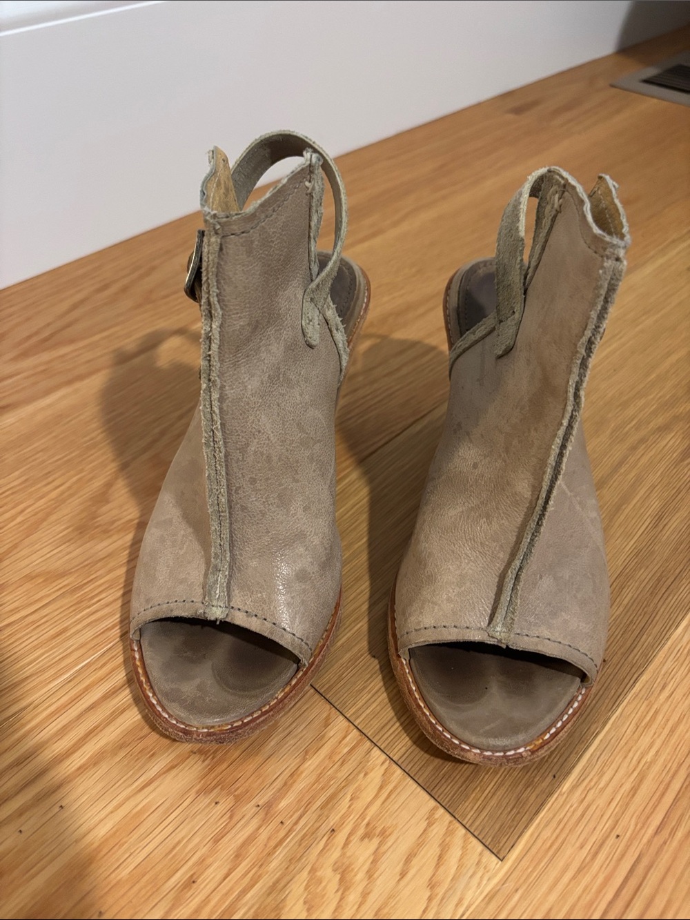Frye Open-Peep Slingback Heels in Taupe Suede